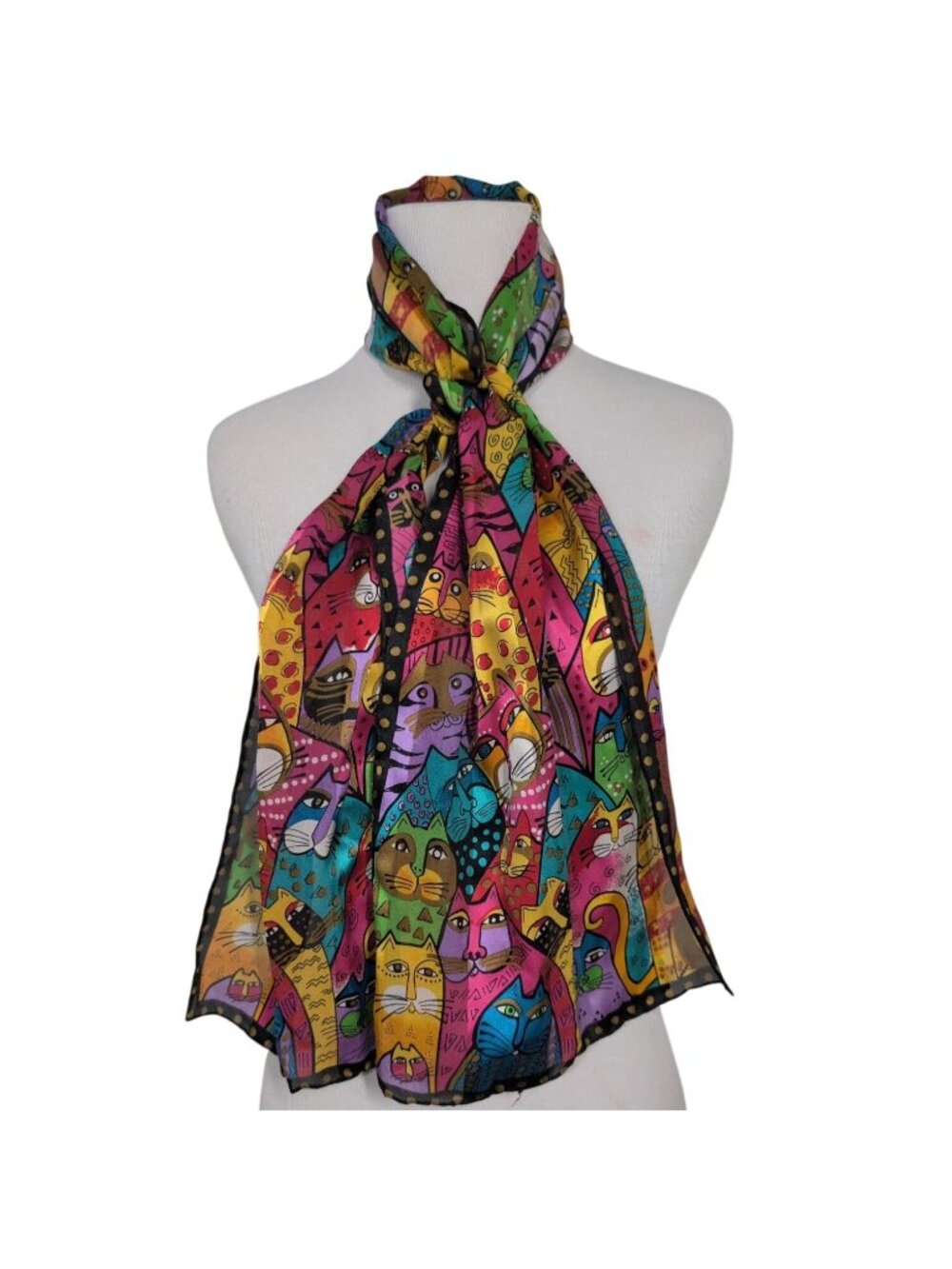 Laurel Burch Silk Cat Scarf Colorful Lightweight Vibrant Bohemian Rectangle